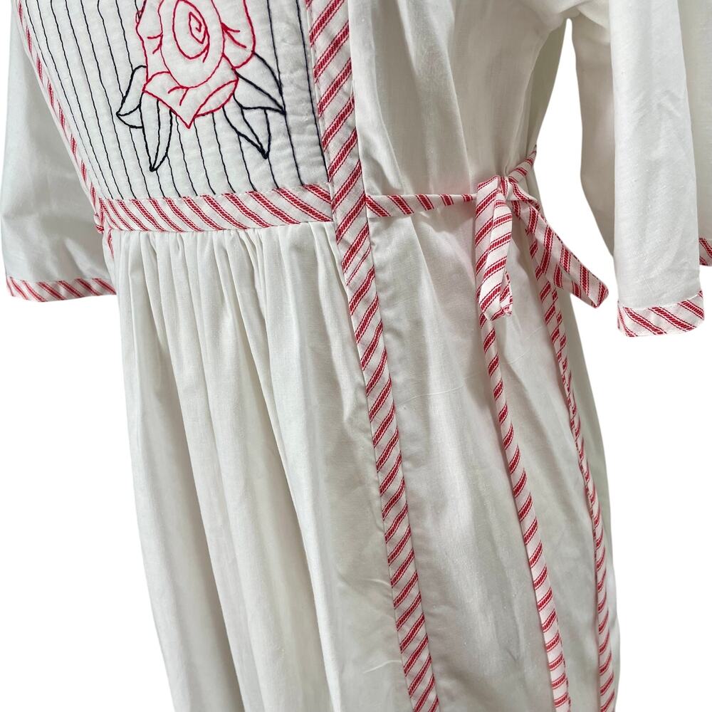 Vintage 70s Peasant House Dress Retro Rose White/Red Striped Trim Medium USA - Picture 6 of 12